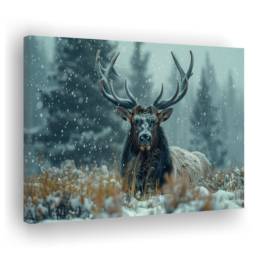 Elk With Antlers in Winter ForestHunting Art Decor, Painting Art, Canvas Print Wall Art Home Decor