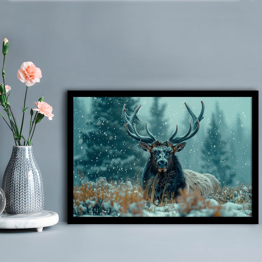 Elk With Antlers in Winter ForestHunting Art Decor, Painting Art, Framed Art Print Wall Decor, Framed Picture