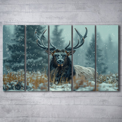 Elk With Antlers in Winter ForestHunting Art, Painting Art, Multi Panels Canvas Print Wall Art