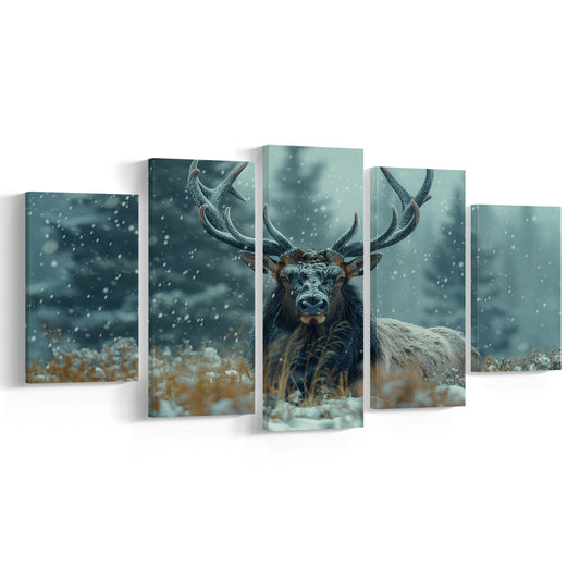 Elk With Antlers in Winter ForestHunting Art Decor, Painting Art, Mixed Panels Canvas Print Wall Art