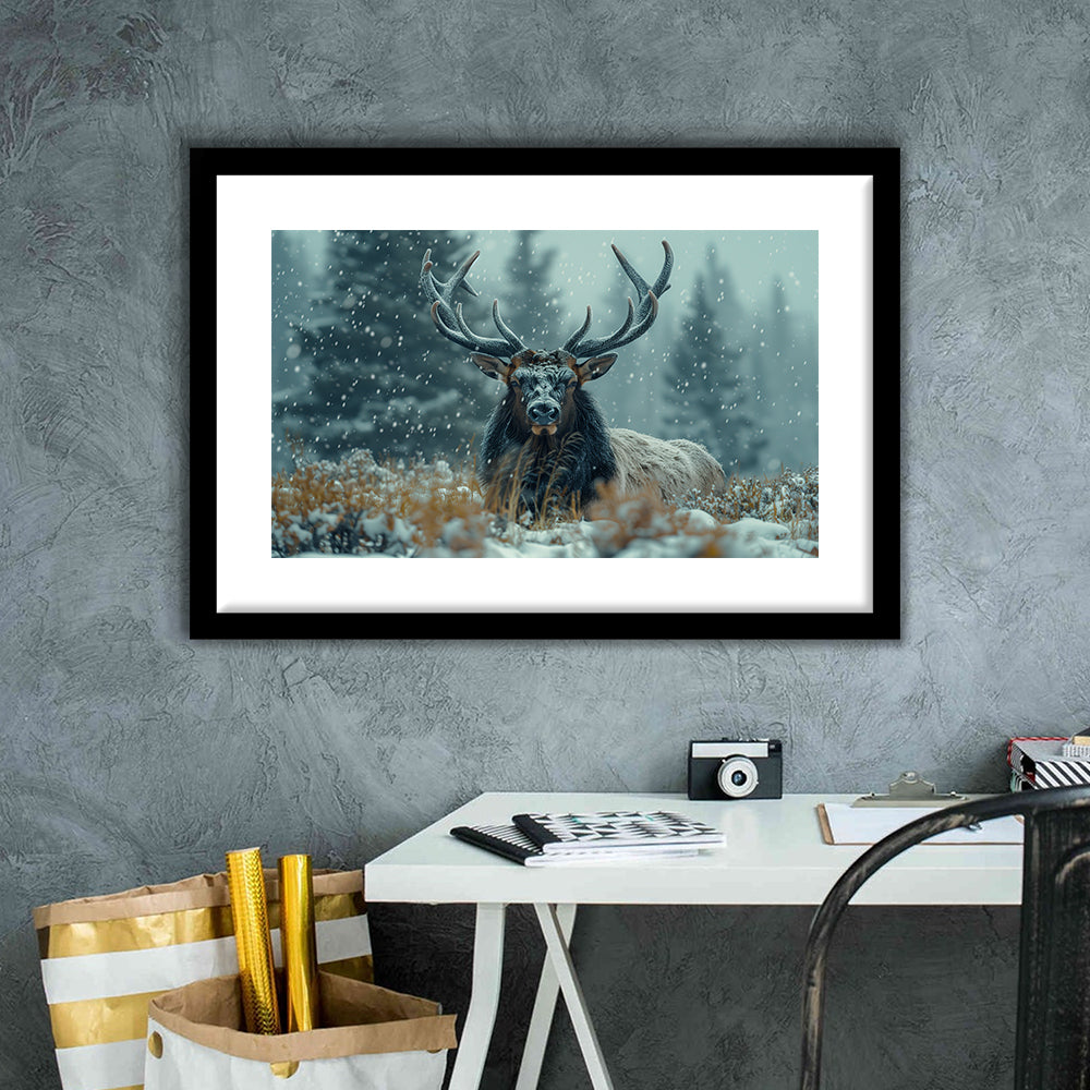 Elk With Antlers in Winter ForestHunting Art Decor, Painting Art, Framed Art Print White Border Wall Decor