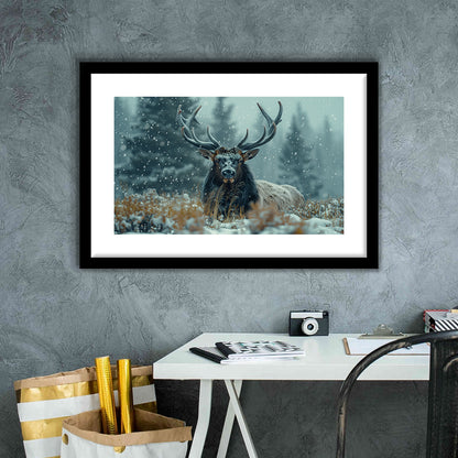 Elk With Antlers in Winter ForestHunting Art Decor, Painting Art, Framed Art Print White Border Wall Decor