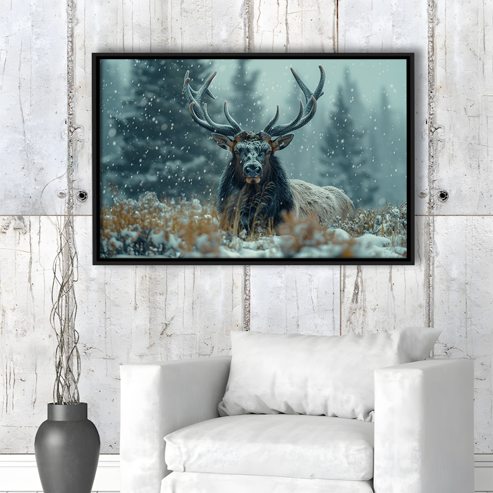 Elk With Antlers in Winter ForestHunting Art Decor, Painting Art, Floating Framed Canvas Print Wall Art