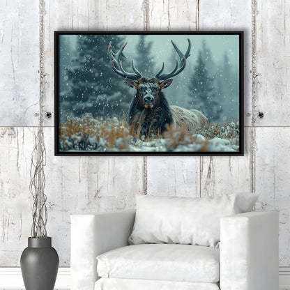 Elk With Antlers in Winter ForestHunting Art Decor, Painting Art, Floating Framed Canvas Print Wall Art