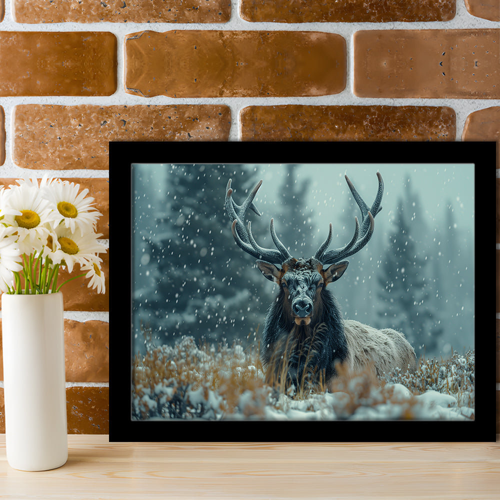 Elk With Antlers in Winter ForestHunting Art Decor, Painting Art, Framed Art Print Wall Decor, Framed Picture