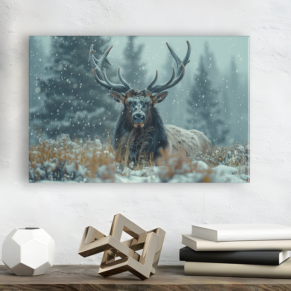 Elk With Antlers in Winter ForestHunting Art Decor, Painting Art, Canvas Print Wall Art Home Decor