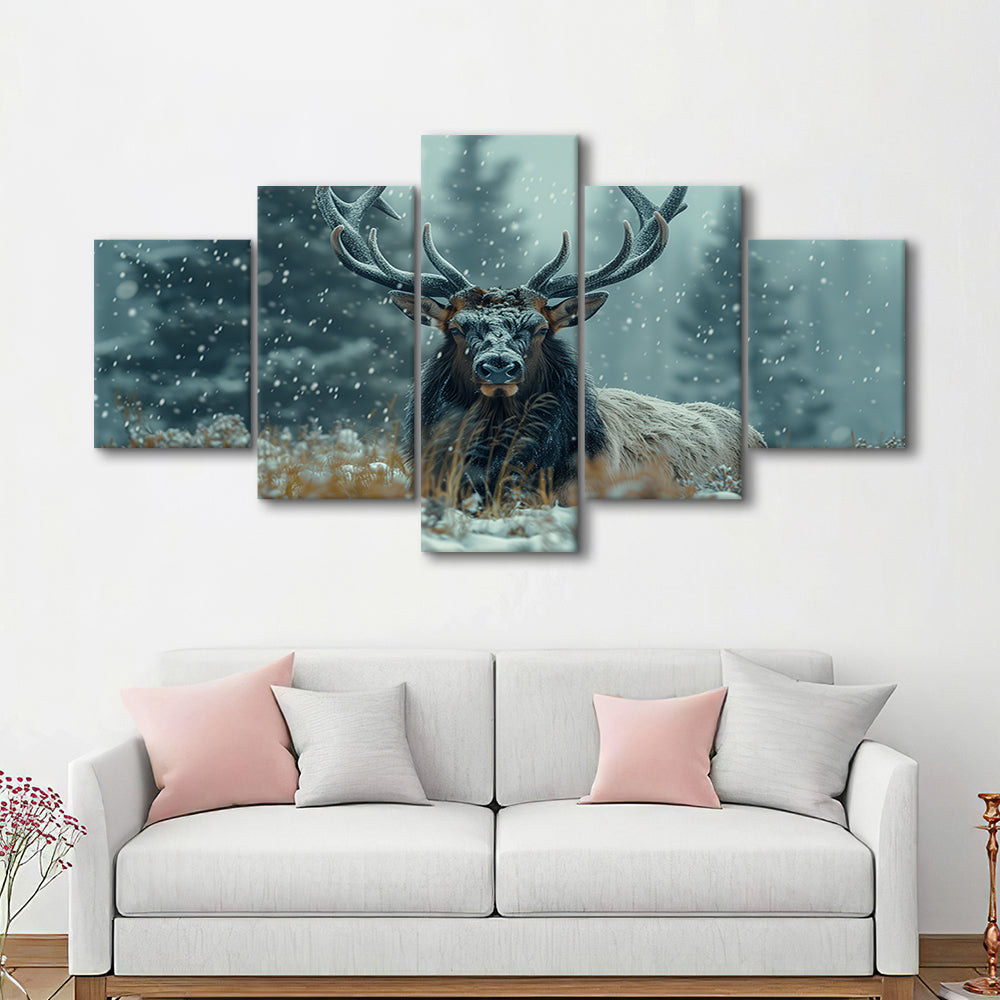 Elk With Antlers in Winter ForestHunting Art Decor, Painting Art, Mixed Panels Canvas Print Wall Art