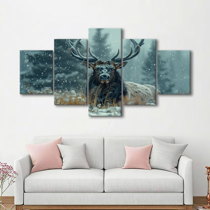 Elk With Antlers in Winter ForestHunting Art Decor, Painting Art, Mixed Panels Canvas Print Wall Art
