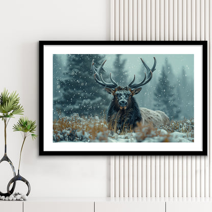 Elk With Antlers in Winter ForestHunting Art Decor, Painting Art, Framed Art Print White Border Wall Decor