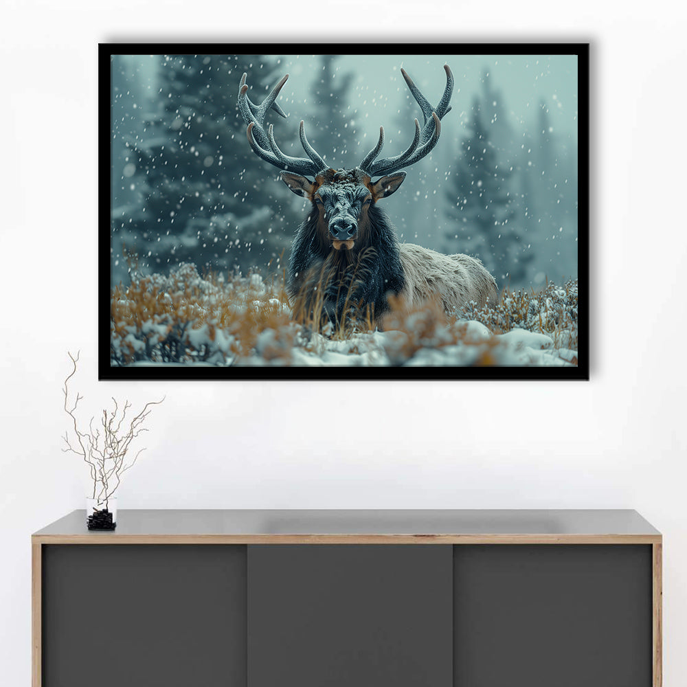 Elk With Antlers in Winter ForestHunting Art Decor, Painting Art, Framed Art Print Wall Decor, Framed Picture