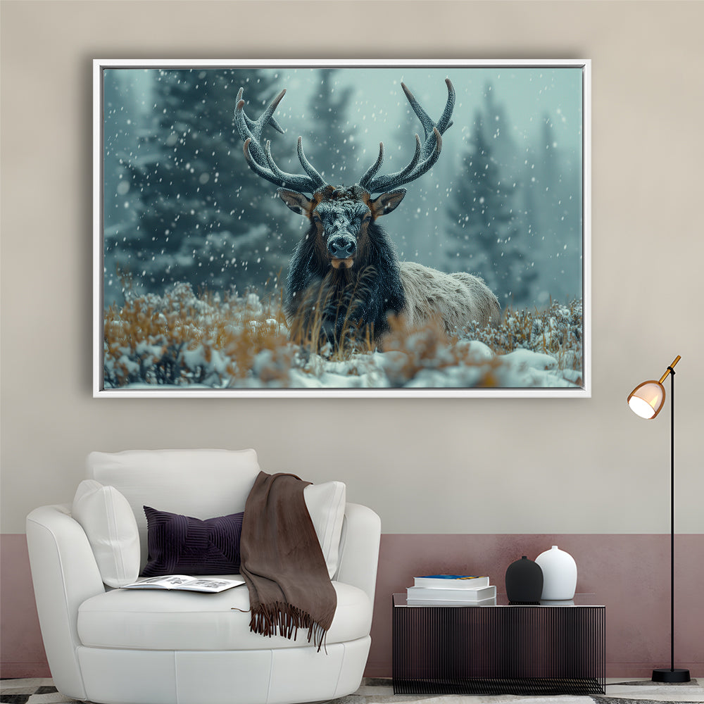 Elk With Antlers in Winter ForestHunting Art Decor, Painting Art, Floating Framed Canvas Print Wall Art