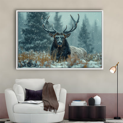Elk With Antlers in Winter ForestHunting Art Decor, Painting Art, Floating Framed Canvas Print Wall Art