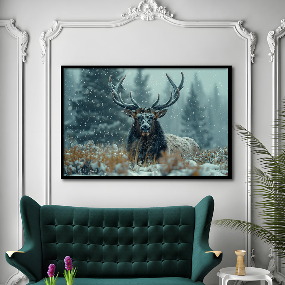 Elk With Antlers in Winter ForestHunting Art Decor, Painting Art, Framed Art Print Wall Decor, Framed Picture