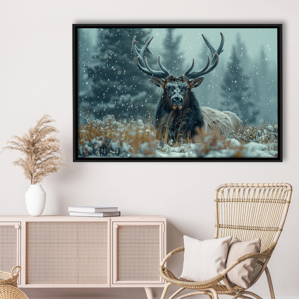 Elk With Antlers in Winter ForestHunting Art Decor, Painting Art, Floating Framed Canvas Print Wall Art