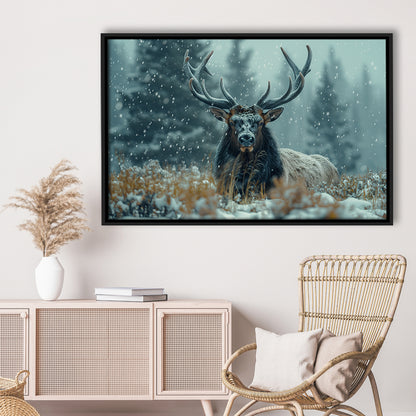 Elk With Antlers in Winter ForestHunting Art Decor, Painting Art, Floating Framed Canvas Print Wall Art