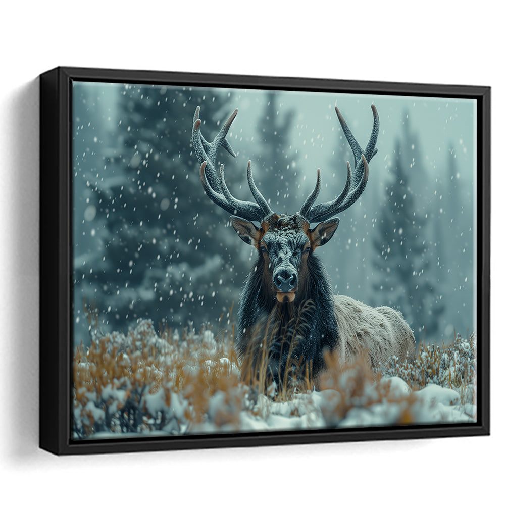Elk With Antlers in Winter ForestHunting Art Decor, Painting Art, Floating Framed Canvas Print Wall Art