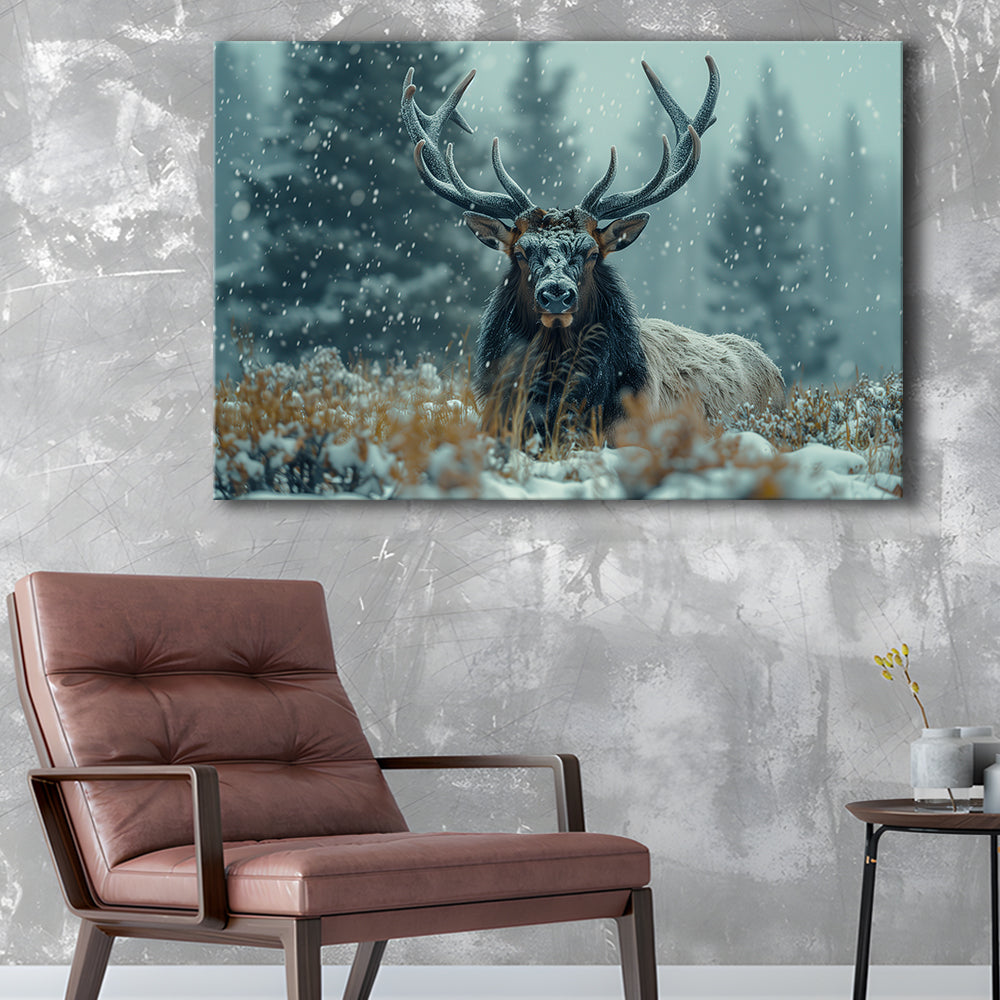 Elk With Antlers in Winter ForestHunting Art Decor, Painting Art, Canvas Print Wall Art Home Decor