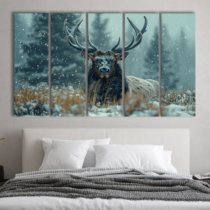Elk With Antlers in Winter ForestHunting Art, Painting Art, Multi Panels Canvas Print Wall Art