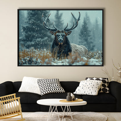 Elk With Antlers in Winter ForestHunting Art Decor, Painting Art, Floating Framed Canvas Print Wall Art