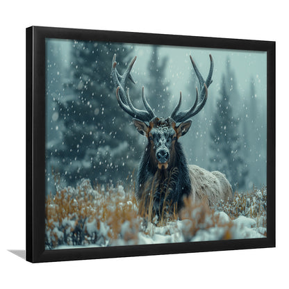 Elk With Antlers in Winter ForestHunting Art Decor, Painting Art, Framed Art Print Wall Decor, Framed Picture
