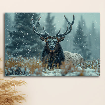 Elk With Antlers in Winter ForestHunting Art Decor, Painting Art, Canvas Print Wall Art Home Decor