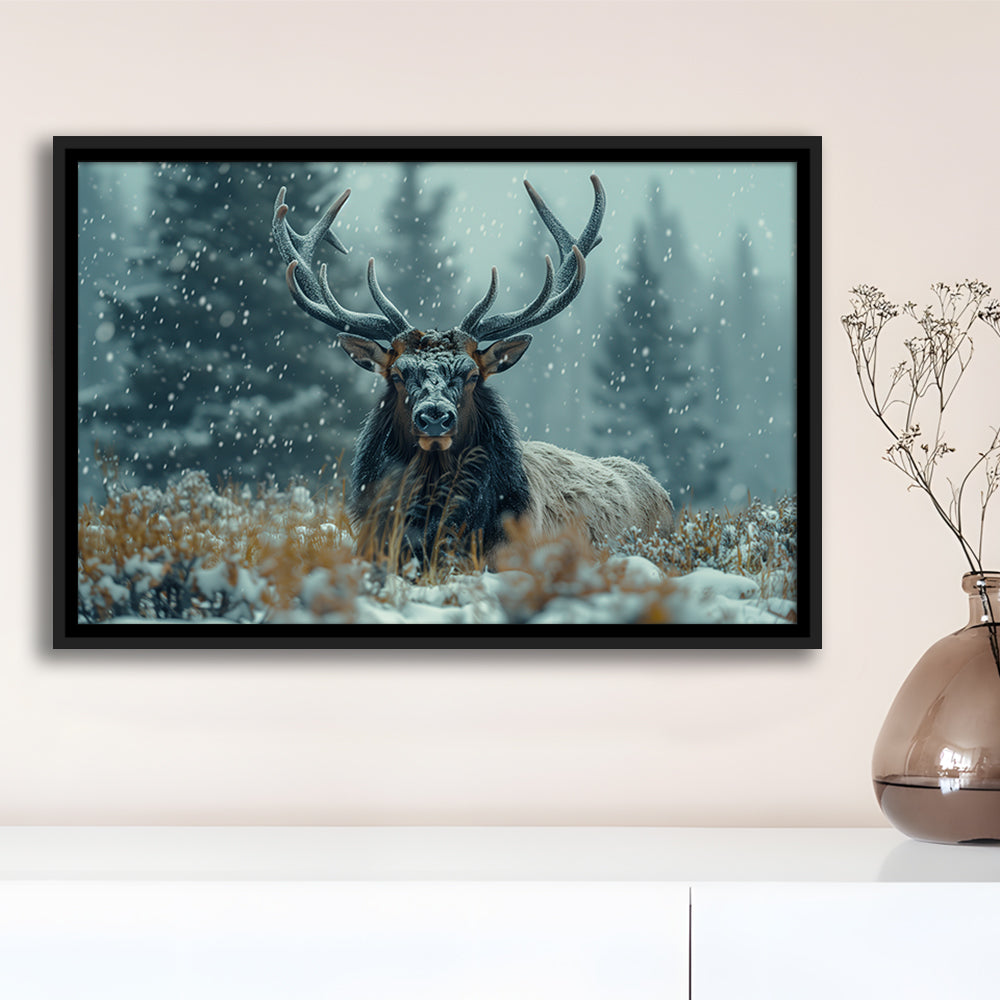 Elk With Antlers in Winter ForestHunting Art Decor, Painting Art, Floating Framed Canvas Print Wall Art