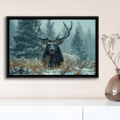 Elk With Antlers in Winter ForestHunting Art Decor, Painting Art, Floating Framed Canvas Print Wall Art