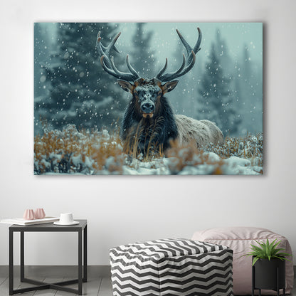 Elk With Antlers in Winter ForestHunting Art Decor, Painting Art, Canvas Print Wall Art Home Decor