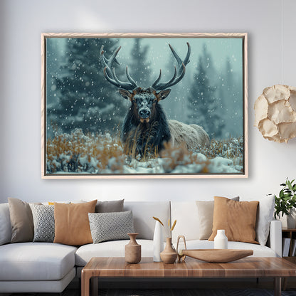 Elk With Antlers in Winter ForestHunting Art Decor, Painting Art, Floating Framed Canvas Print Wall Art