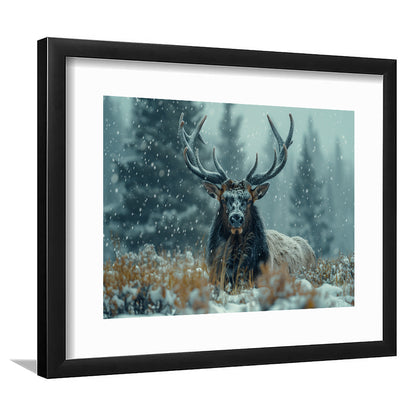 Elk With Antlers in Winter ForestHunting Art Decor, Painting Art, Framed Art Print White Border Wall Decor