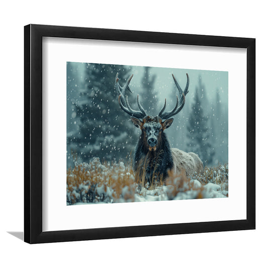 Elk With Antlers in Winter ForestHunting Art Decor, Painting Art, Framed Art Print White Border Wall Decor