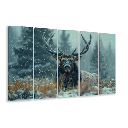 Elk With Antlers in Winter ForestHunting Art, Painting Art, Multi Panels Canvas Print Wall Art