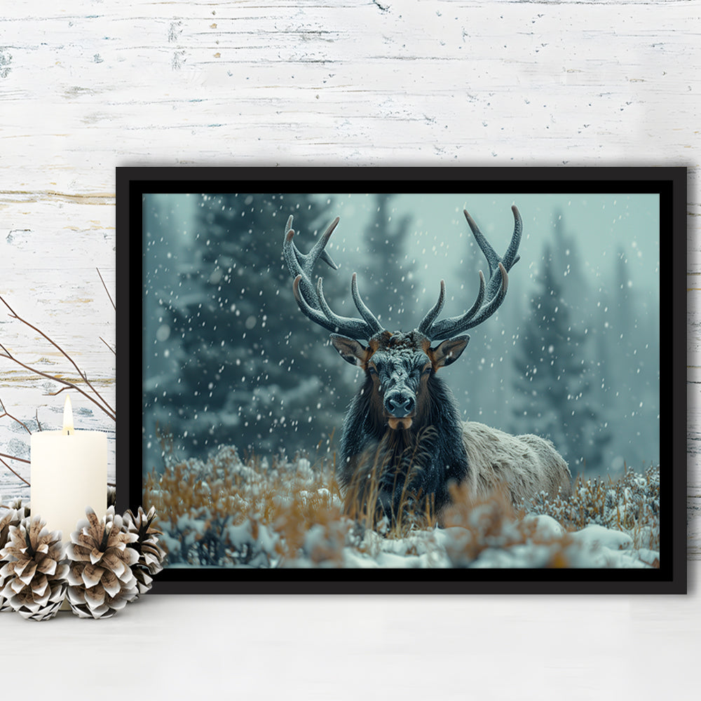 Elk With Antlers in Winter ForestHunting Art Decor, Painting Art, Floating Framed Canvas Print Wall Art