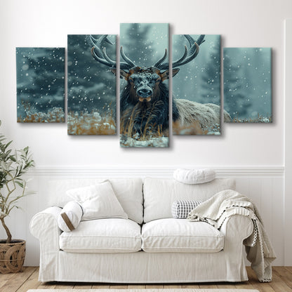 Elk With Antlers in Winter ForestHunting Art Decor, Painting Art, Mixed Panels Canvas Print Wall Art