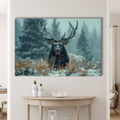 Elk With Antlers in Winter ForestHunting Art Decor, Painting Art, Canvas Print Wall Art Home Decor
