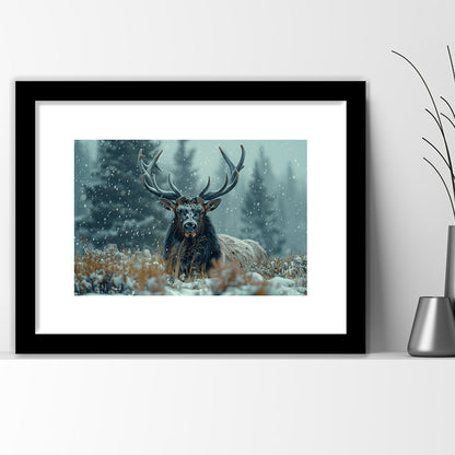 Elk With Antlers in Winter ForestHunting Art Decor, Painting Art, Framed Art Print White Border Wall Decor