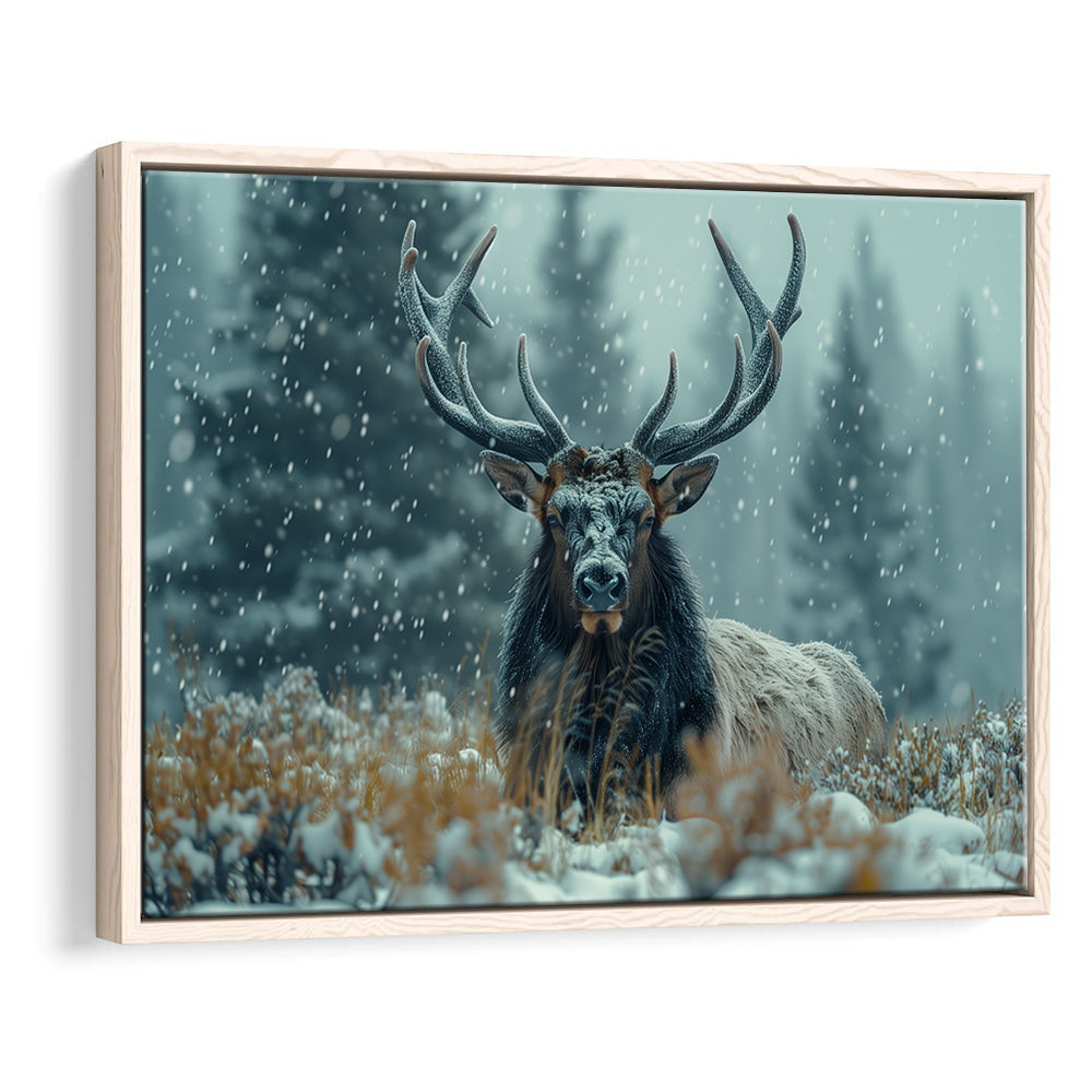 Elk With Antlers in Winter ForestHunting Art Decor, Painting Art, Floating Framed Canvas Print Wall Art