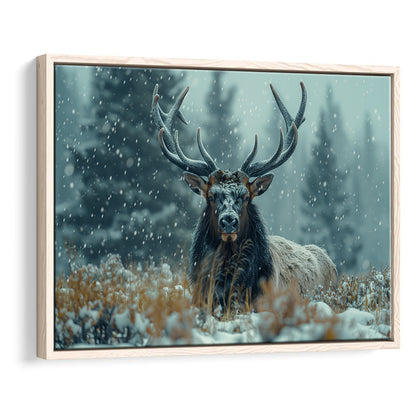 Elk With Antlers in Winter ForestHunting Art Decor, Painting Art, Floating Framed Canvas Print Wall Art