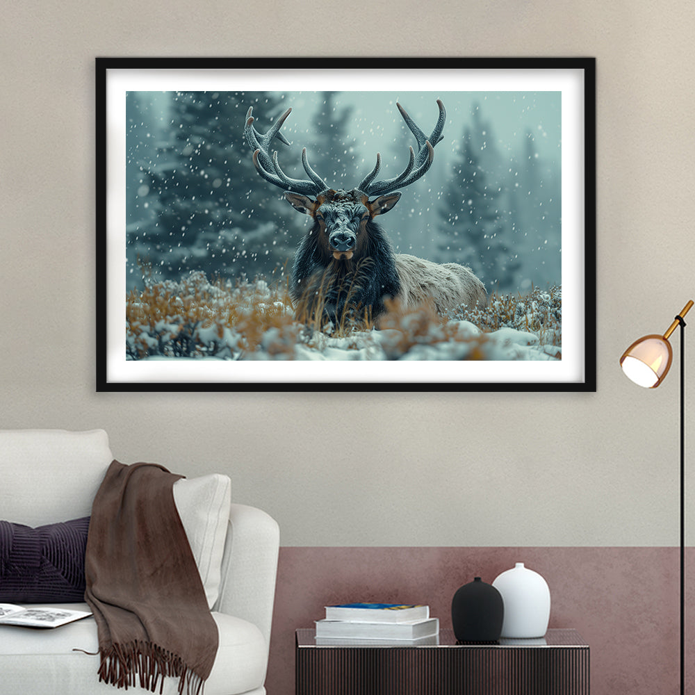Elk With Antlers in Winter ForestHunting Art Decor, Painting Art, Framed Art Print White Border Wall Decor