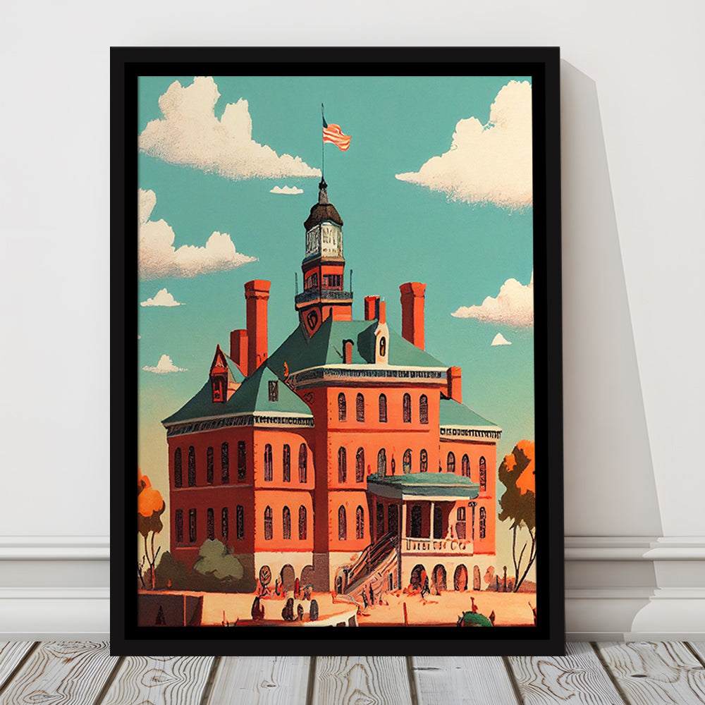 Ellis Island Retro Art Print, Ellis Island City Wall Art, Floating Framed Canvas Print, Framed Picture, Painting Canvas