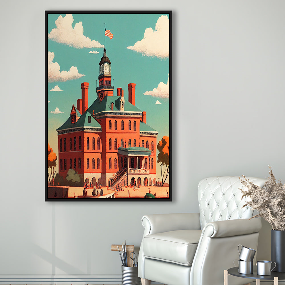 Ellis Island Retro Art Print, Ellis Island City Wall Art, Floating Framed Canvas Print, Framed Picture, Painting Canvas