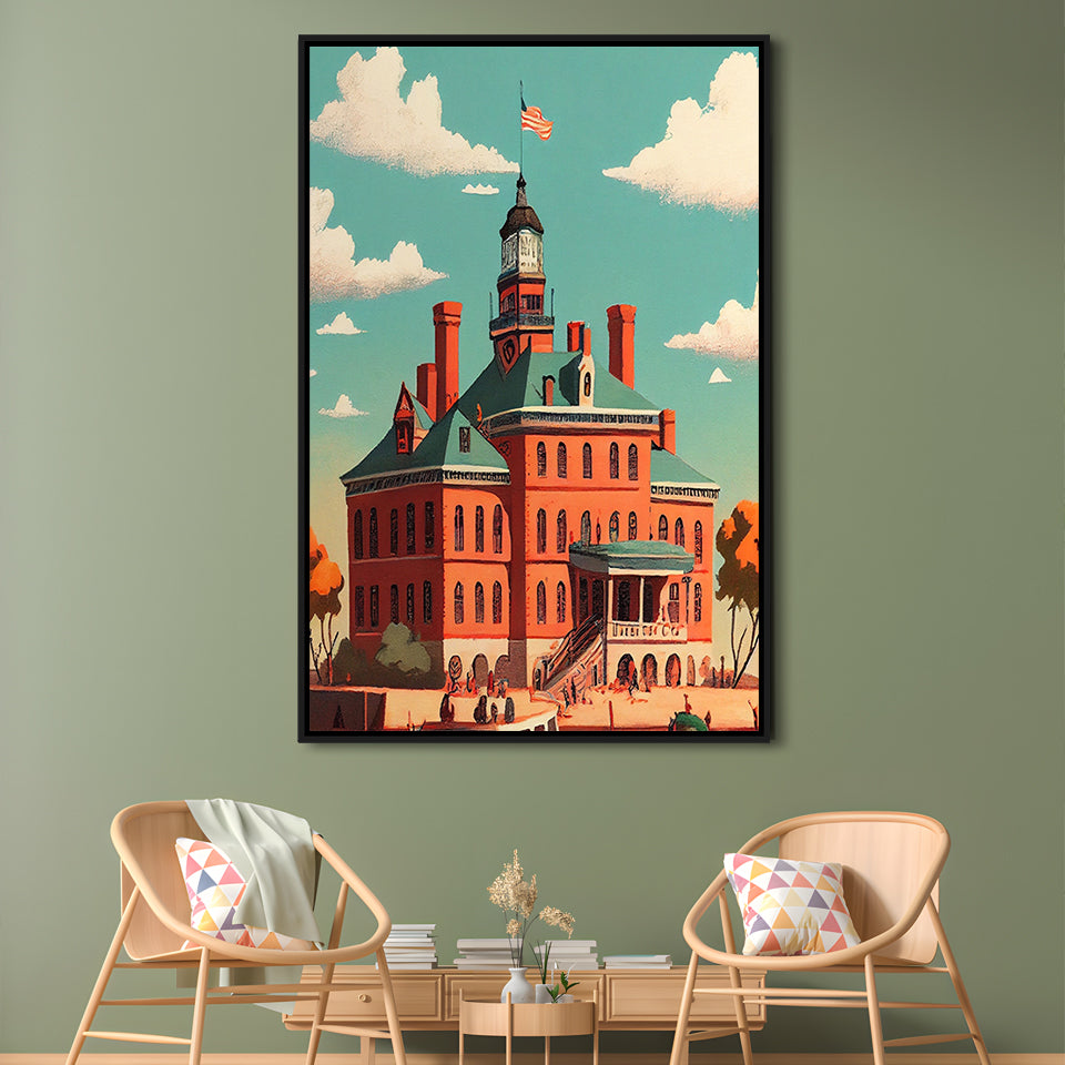 Ellis Island Retro Art Print, Ellis Island City Wall Art, Floating Framed Canvas Print, Framed Picture, Painting Canvas
