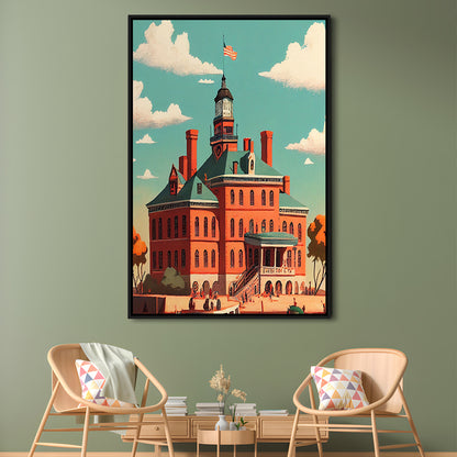 Ellis Island Retro Art Print, Ellis Island City Wall Art, Floating Framed Canvas Print, Framed Picture, Painting Canvas