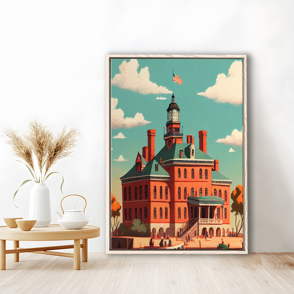 Ellis Island Retro Art Print, Ellis Island City Wall Art, Floating Framed Canvas Print, Framed Picture, Painting Canvas