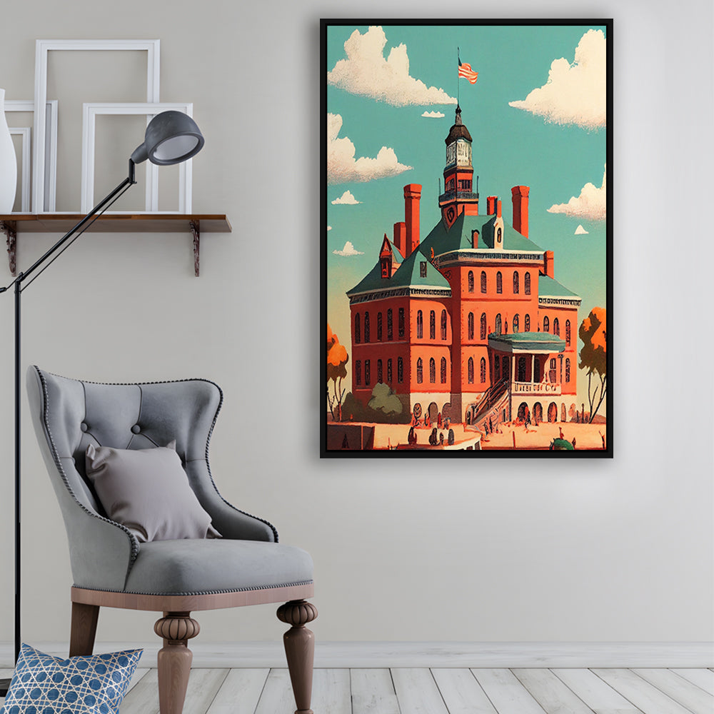 Ellis Island Retro Art Print, Ellis Island City Wall Art, Floating Framed Canvas Print, Framed Picture, Painting Canvas