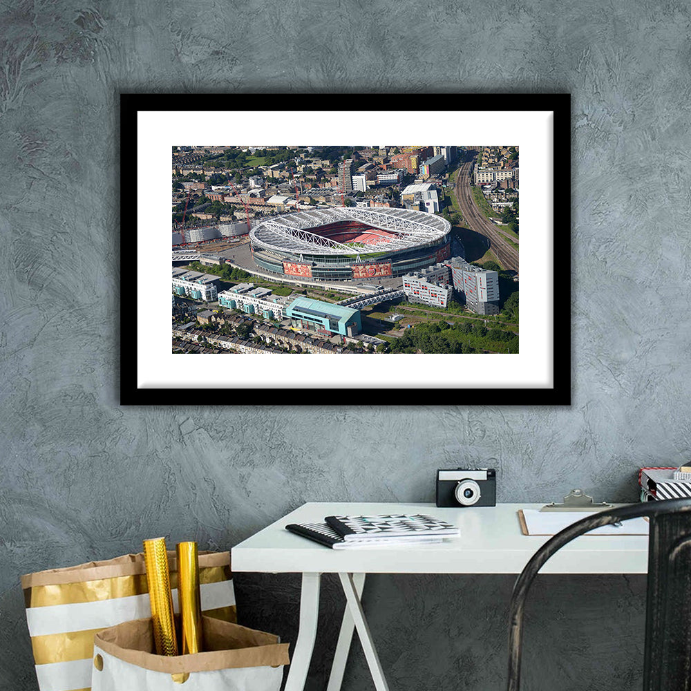 Emirates Stadium Aerial View, Stadium Canvas, Sport Art, Gift for him, White Border Framed Art Print Wall Decor