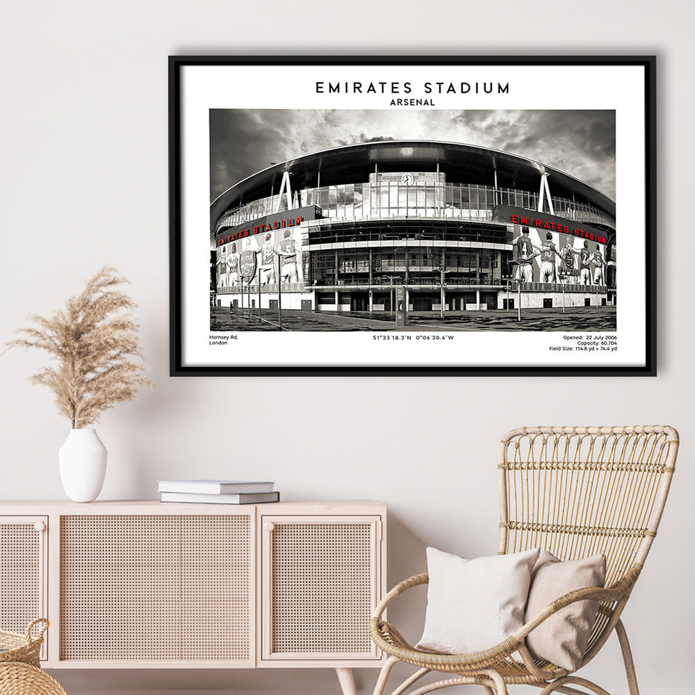 Emirates Stadium Black And White,Home Ground Print,England Football Wall Art, Framed Canvas Print Wall Art