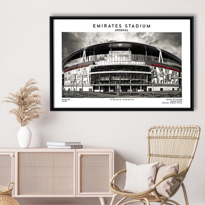 Emirates Stadium Black And White,Home Ground Print,England Football Wall Art, Framed Canvas Print Wall Art