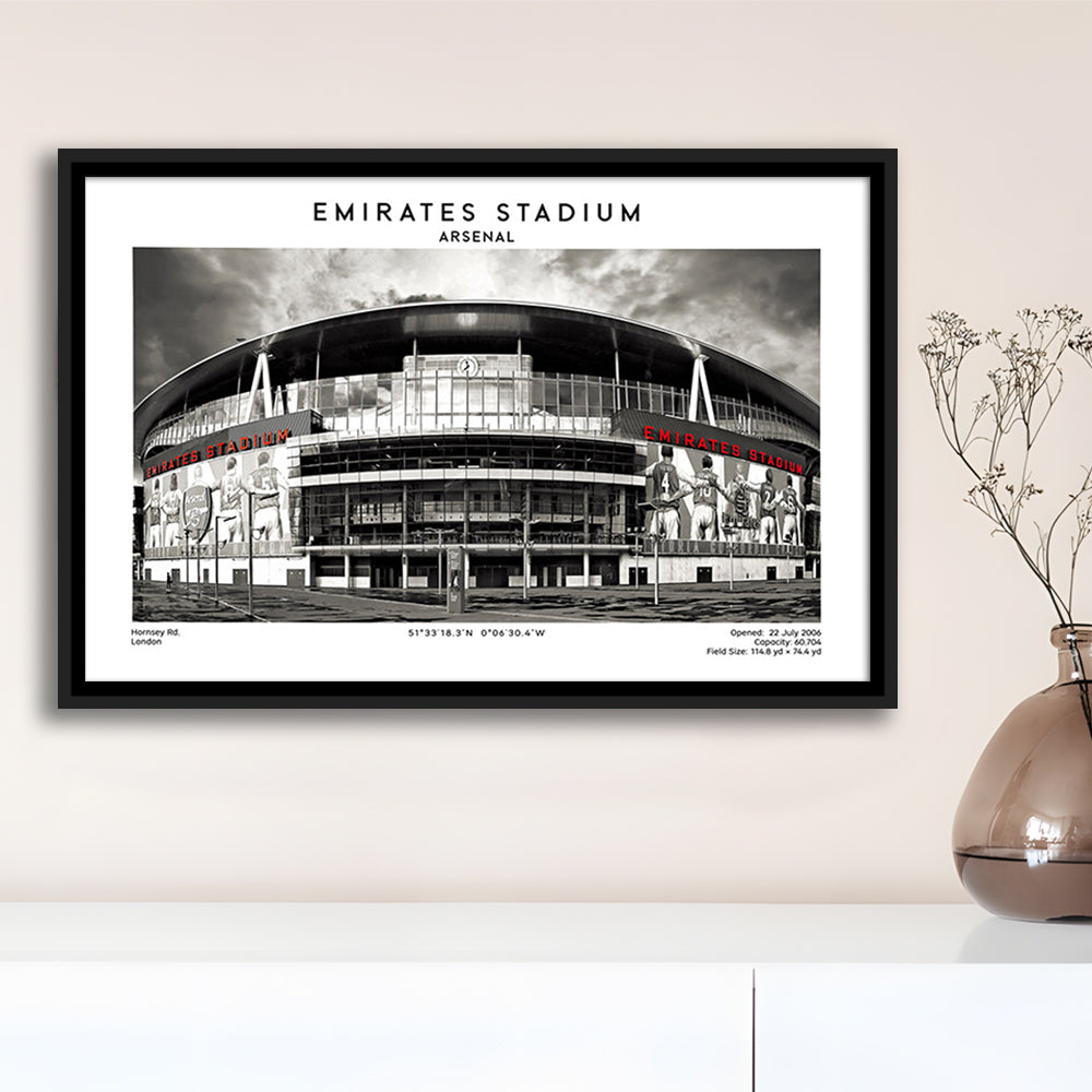 Emirates Stadium Black And White,Home Ground Print,England Football Wall Art, Framed Canvas Print Wall Art