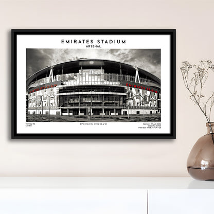 Emirates Stadium Black And White,Home Ground Print,England Football Wall Art, Framed Canvas Print Wall Art